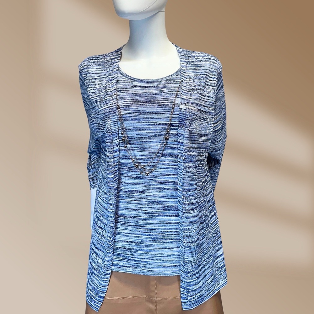 Alfred Dunner Women's Blue Silver Threaded Jacket Attached Tank & Necklace Sz M